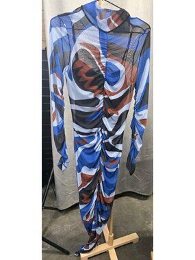 Monica Ahanonu x Target XS Mesh Ruched Midi Dress Blue Abstract NWT. WL359
